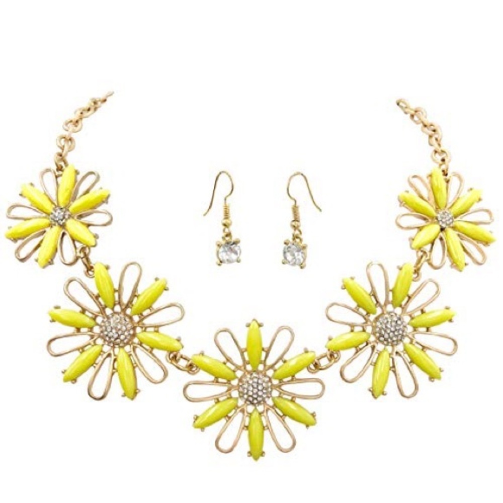 Yellow Daisy Rhinestone Statement Necklace Set